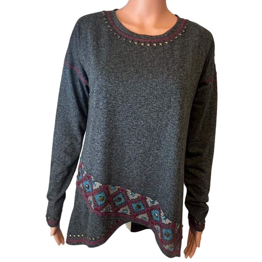 Double B Ranch Grey Studded Embroidered BOHO Western Flair top womens sz xs